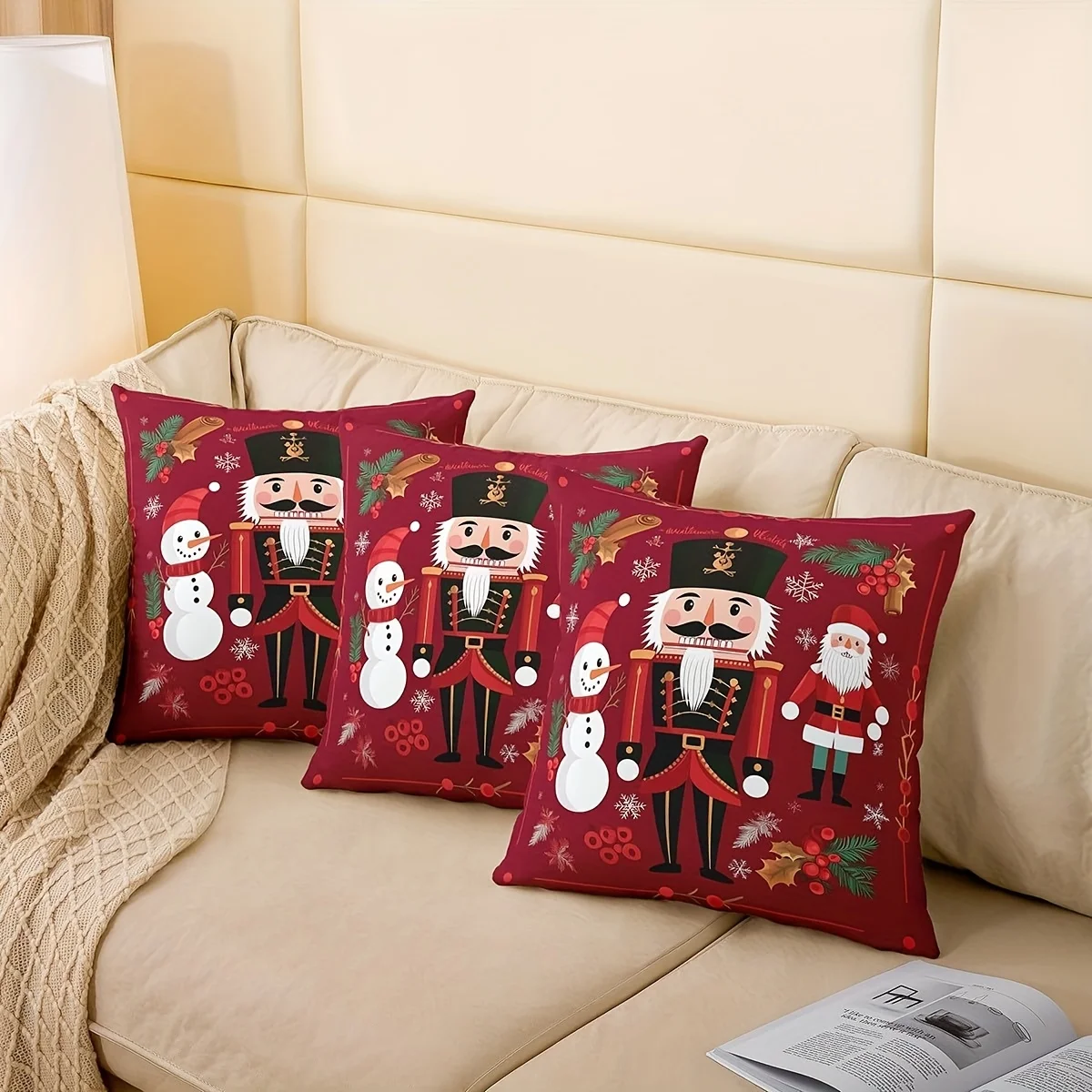 2pcs Christmas Nutcracker & Snowman Square Pillow Covers - Deep Red Holiday Decor with Holly Berries Snowflakes