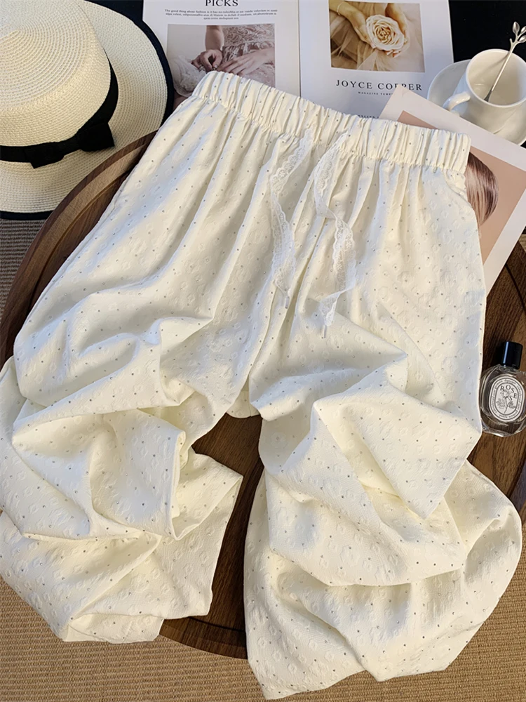 

Zoki Chic Diamond Wide Leg Pant Elegant Women Loose High Waist Fashion Trousers Casual Korean Lace Up Female Sweet Pants Summer