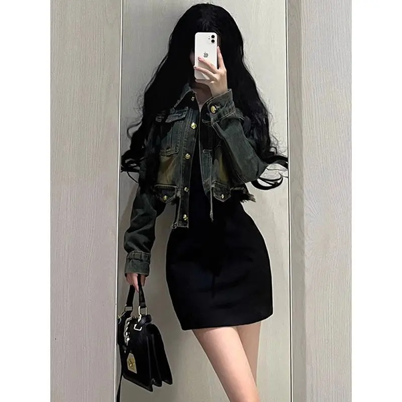 Women\'s Vintage Long Sleeve Denim Jacket with Gold Buttons, Casual Short Coat, Blue Irregular Jean Jackets Female Streetwear