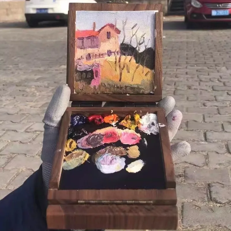 Small Square Mini Double Frame Handmade Oil Painting Box Art Supplies Outdoor Sketching Painting Creation Watercolor Palette Box