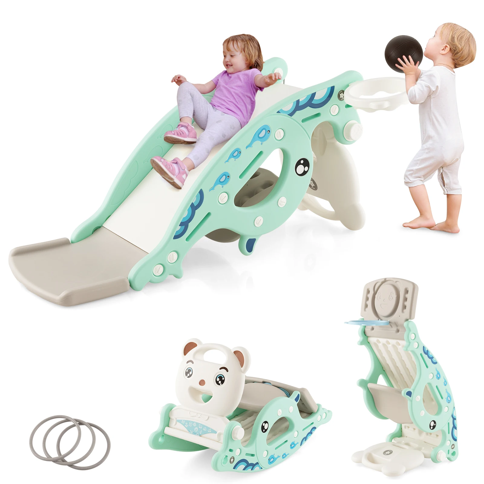 4-in-1 Kids Slide Rocking Toy Slide Rocking Horse w/Basketball Hoop Rings Green