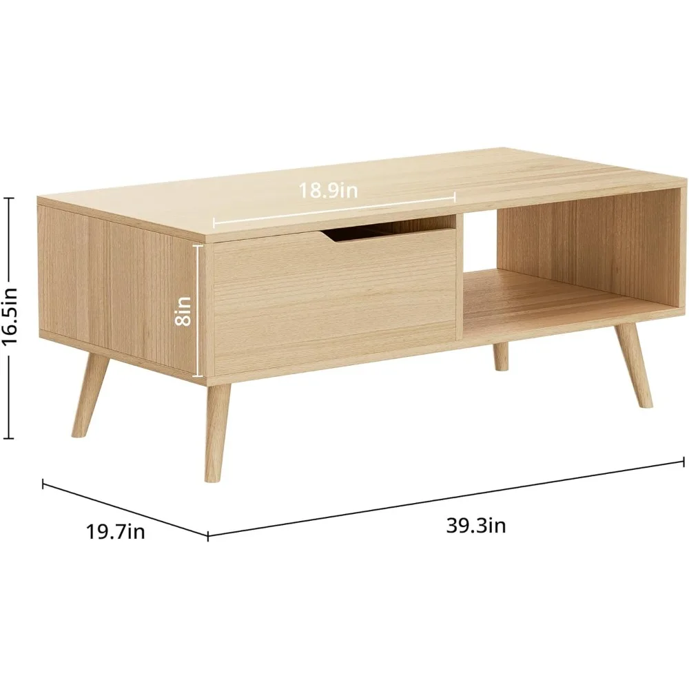 Oak Coffee Table, Mid Century Modern Coffee Table with Drawer & Shelf, 39'' Wooden Simple Console Table for Living Room