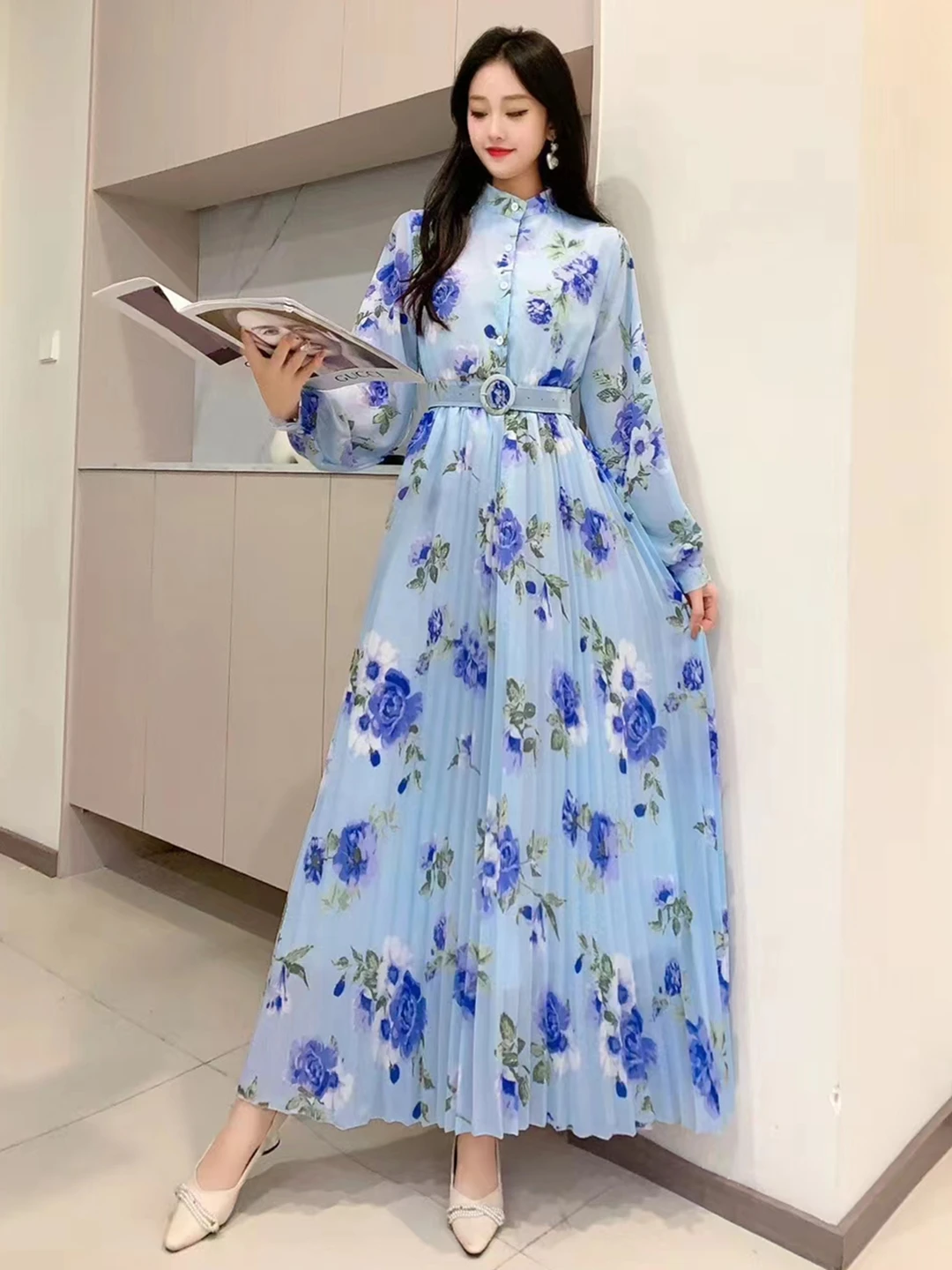 2024 New Spring Autumn Women Long Sleeve Belt Slim Long Dress High Quality Sweet Flowers Print Pleated Big Hem Chiffon Dress