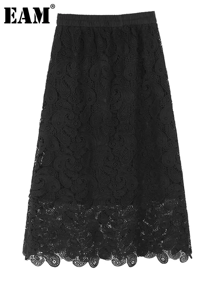 

[EAM] High Elastic Waist Black Lace Hollow Out Elegant A-line Half-body Skirt Women Fashion Tide New Spring Autumn 2024 1DH7328