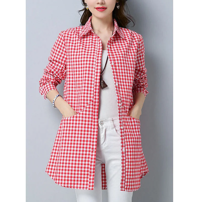 Fashion Lapel Button Spliced Pockets Lattice Shirt Women\'s Clothing 2023 Autumn New Oversized Casual Tops Loose Commute Blouse