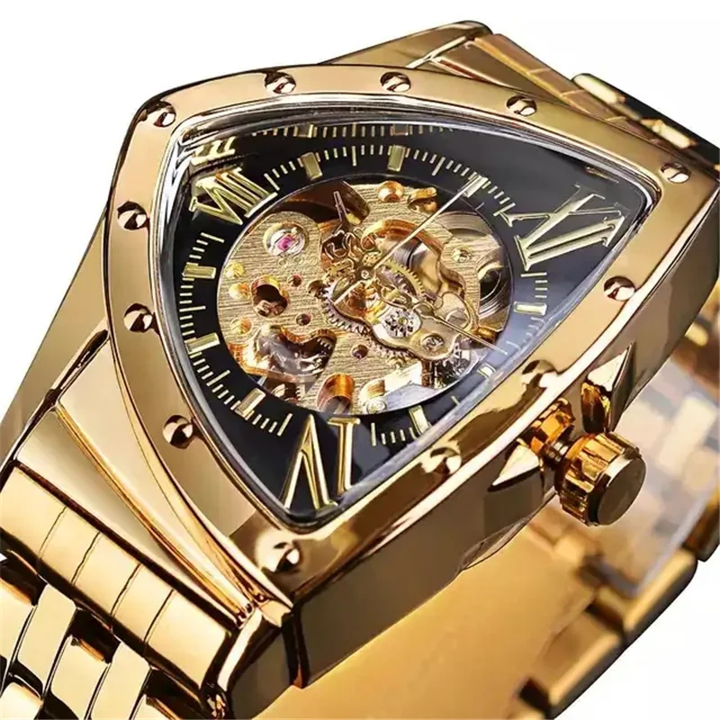 FORSINING 395 New Arrive Men Skeleton Automatic Mechanical Gold Vintage Man Watch Triangle Wristwatches Clock Best Gift for men