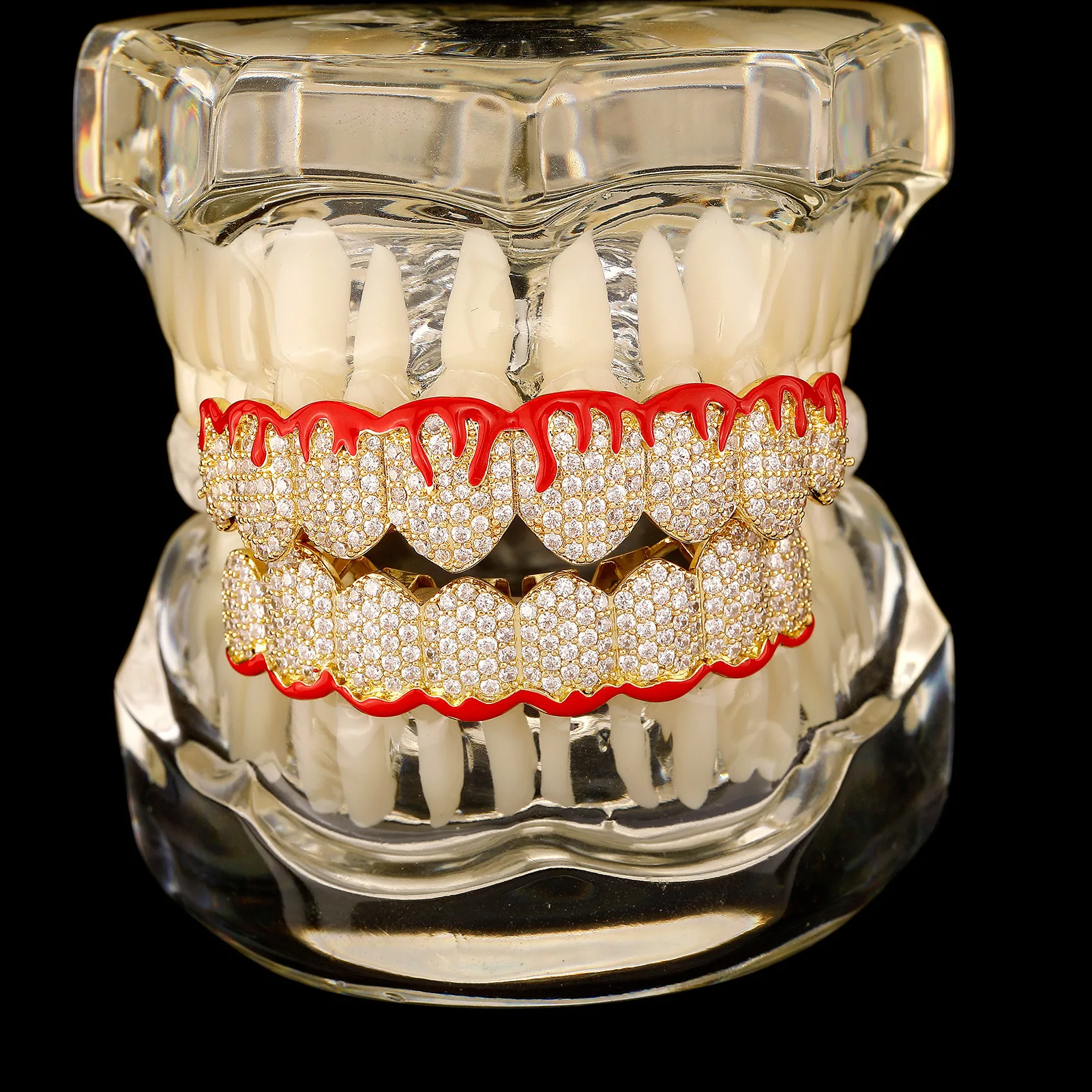 14K Gold Silver Plated Red Drip Flame Full Iced CZ 8 Teeth Grillz Halloween Christmas Cosplay Hip Hop Jewelry Set