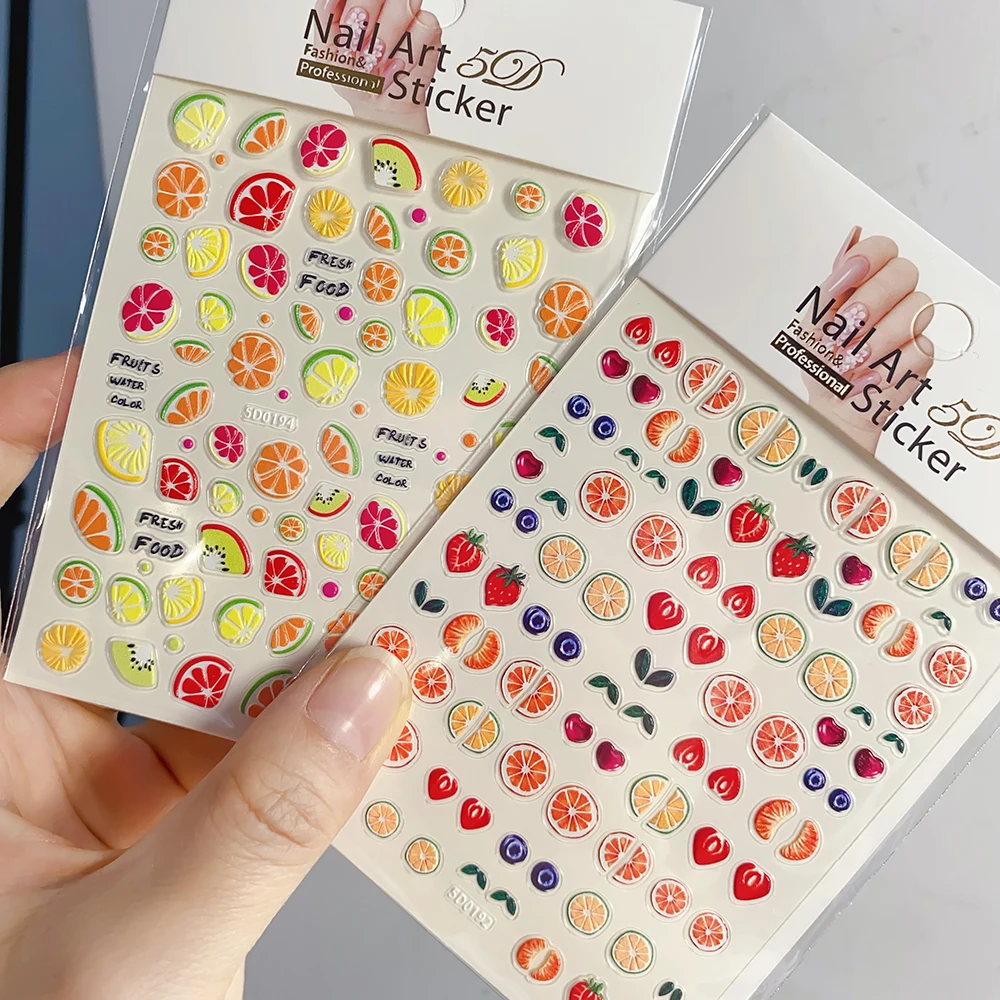 1pcs 5D Kawaii Red Cherry Nail Art Sticker Embossed Lemon Avocado Strawberry Slider Adheisve Stickers Cartoon Fruit Nail Decals