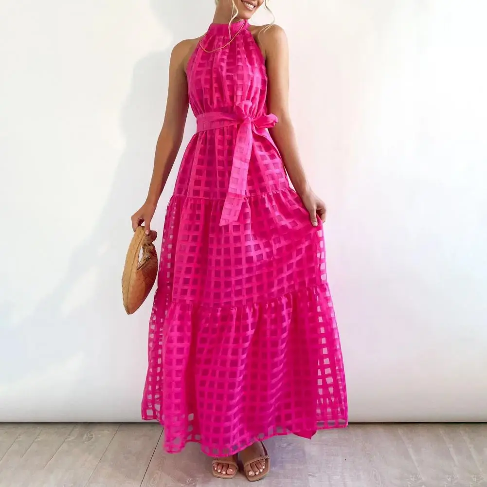 

Long Dress for Women Halter Sleeveless with Belt Elegant Female Grid Dresses Summer Vintage Casual Beach Vestido 2024