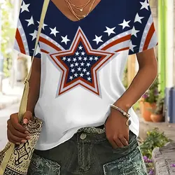 2024 New Star Print Women's T-Shirt Plus Size Top America Flag Summer Women's Trend Clothing Short Sleeve Shirt V-Neck Blouse