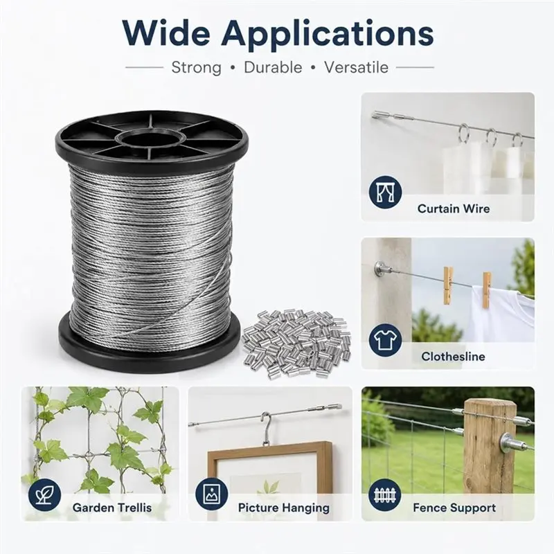Hot Sale-Wire Rope 1 Mm Stainless Steel Cable 50 M With 50 Aluminium Crimp Sleeves For Versatile Use