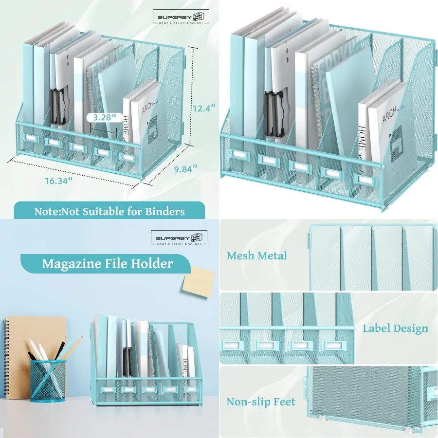 

Металлический настольный органайзер SUPEASY с 5 вертикальными отделениями для офисного рабочего стола и дома, синий, эффективный файл и журнал
