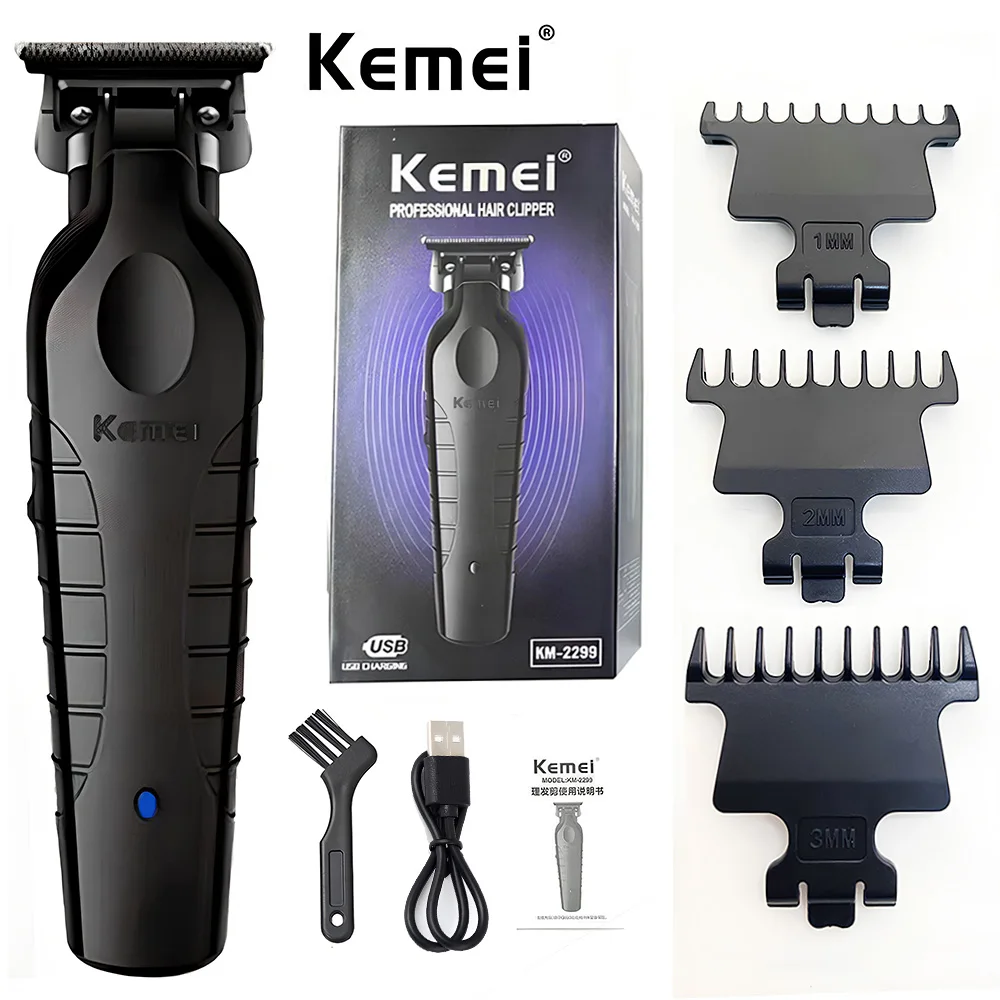 Kemei 2299 alat cukur rambut tanpa kabel, mesin pemotong Perapi rambut elektrik profesional, selesai tanpa kabel 0mm tanpa Gir