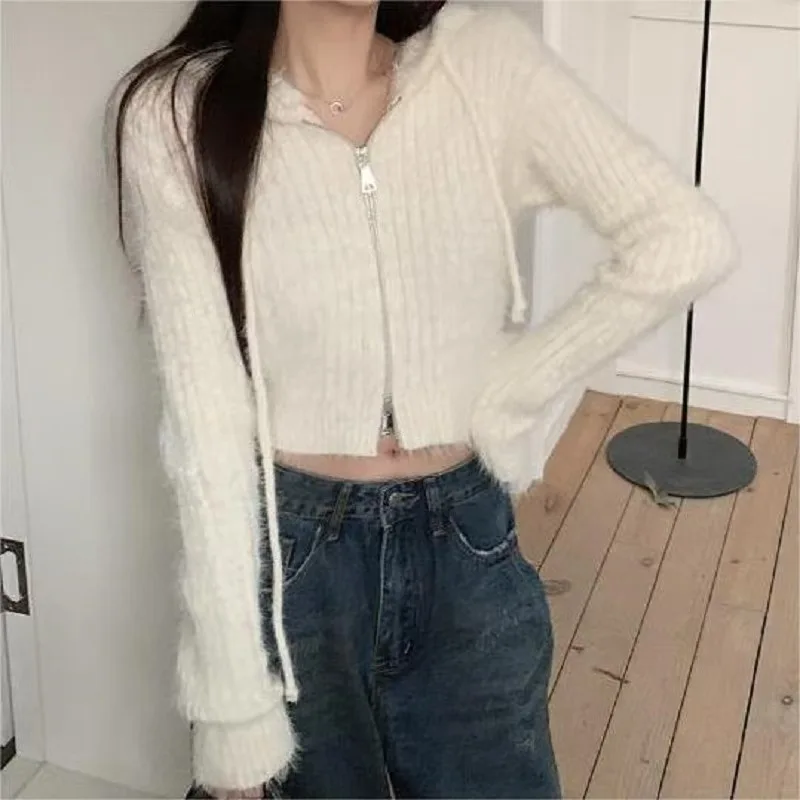 Hooded Knit Cardigan for Women Long Sleeve Fuzzy Knit Zip Up Crop Sweater Jacket Fall Winter Teen-girl Y2K Acubi Outfit