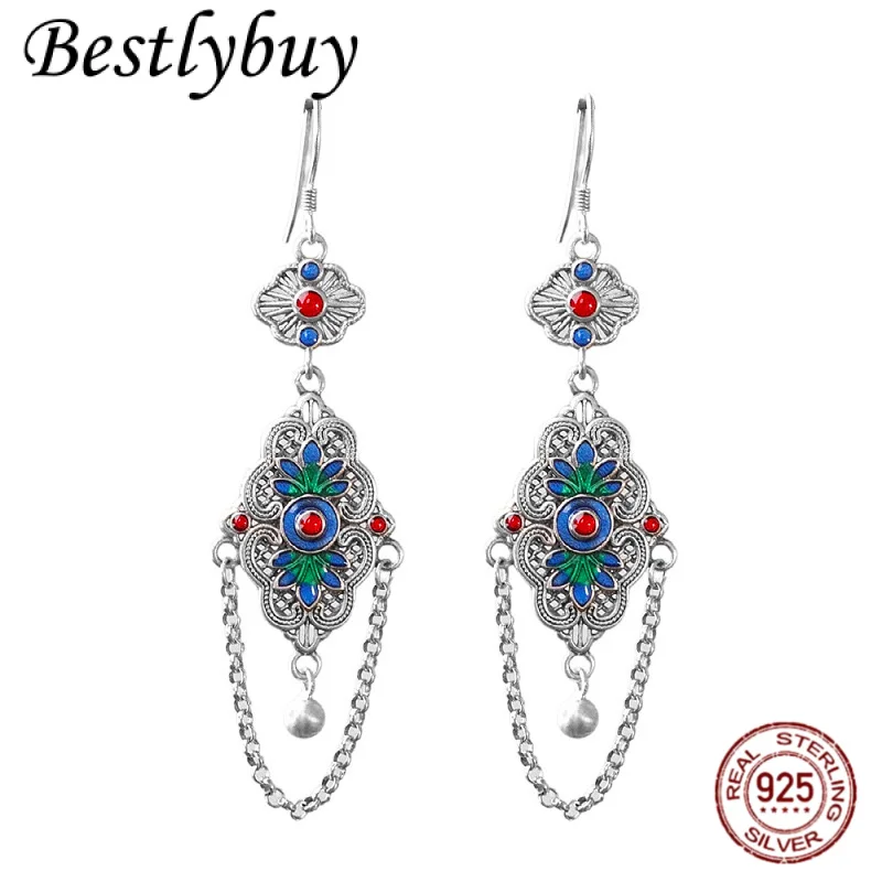 

S925 Серебряные ретро-капли с кисточками и полыми цветами, длинные серьги для женщин, модные серьги-цепочки в богемном стиле