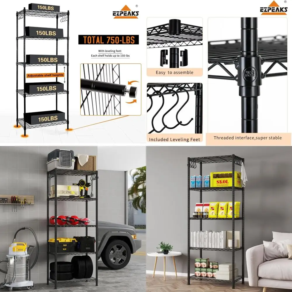 

Adjustable 5-Tier Steel Wire Shelving Unit with Liners, 100lbs Capacity per Shelf, Black, for Kitchen and Garage (23.6W x 14D x