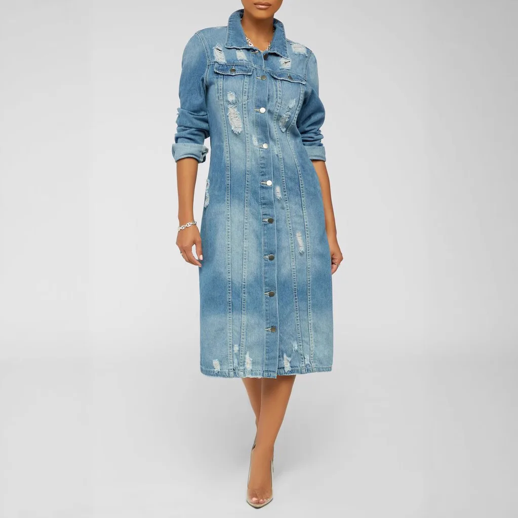 

2026 New Long-sleeved Denim Long Jackets for Autumn and Winter. Women's Fashionable Ripped Casual Solid Color Lapel Trench Coat