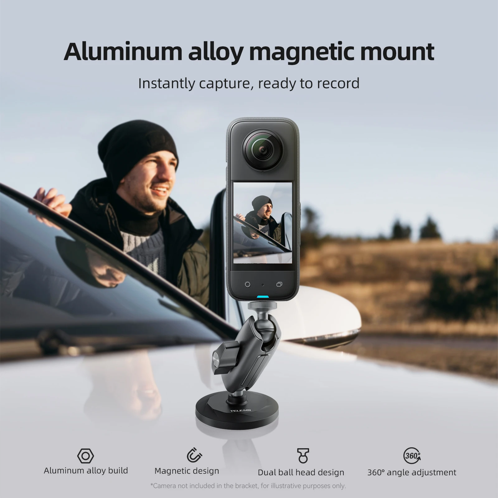 TELESIN Aluminum Alloy Magnetic Action Camera Holder 360° Adjustable 1/4 Adapter For GoPro Insta360 DJI OSMO Action Smart Phone