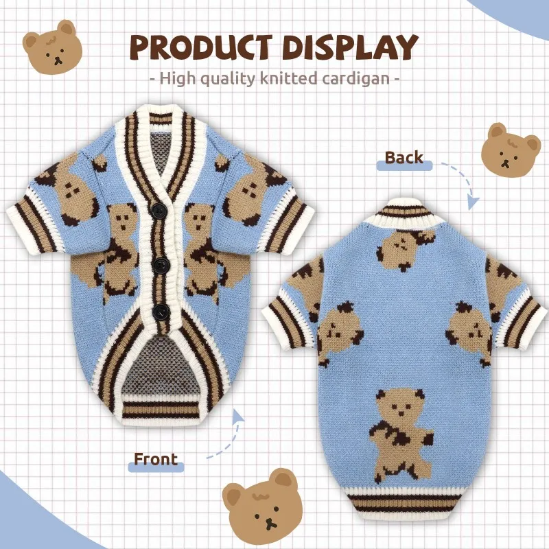 Pet Dog Sweater for Small Medium Dogs Puppy Cat Bear Pattern Cardigan Chihuahua Greyhound Clothes Coat Outfit Costume