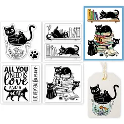 4Pcs Mini Cat and Book Clear Stamps for DIY Scrapbooking Mini Fish Tank Silicone Clear Stamp Seals Transparent Stamps for Cards