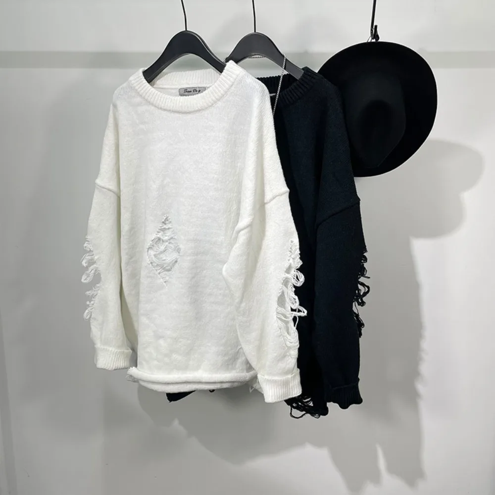 High Street Sweater Dark Style Men's and Women's Loose Sweaters with Holes, Trendy Hip-hop Drop Shoulder Thick Sweater Top
