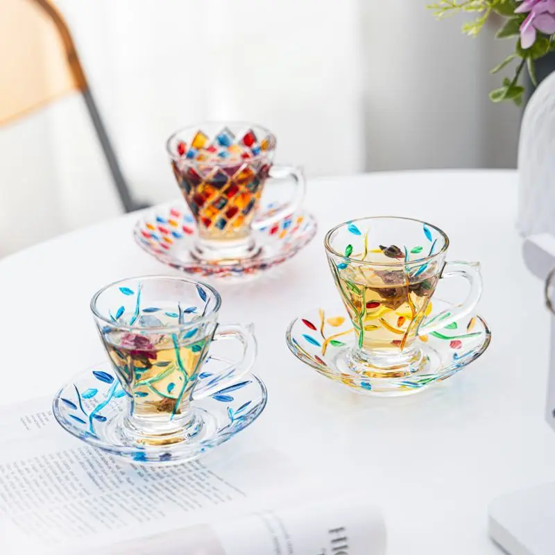 Embossed Painted Glass Cups,High-quality Coffee Cups Plates for Home Use,Tea Cup and Saucer Set with Handle Two-piece Mug Set