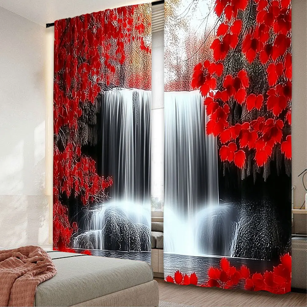 

2Pcs Red Forest Waterfall Windows Curtains Waterfall Red Forest Black And Red Natural Landscape Print Curtain For Living Room