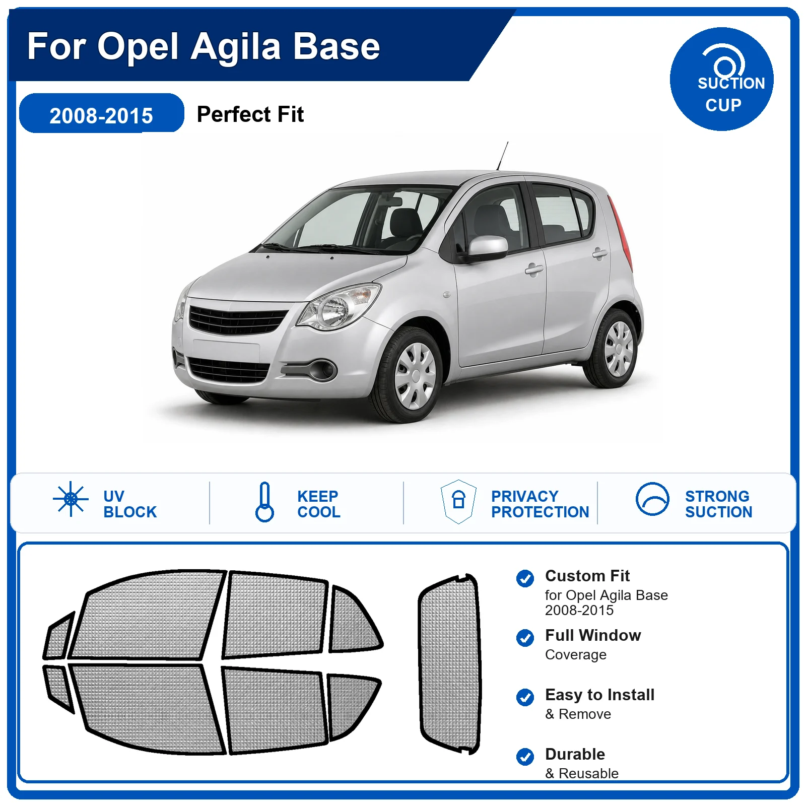 For Opel Agila Base 2008-2015 Custom Full Set Windshield Sun Shade Aluminum Foil Heat Insulation Anti UV Foldable