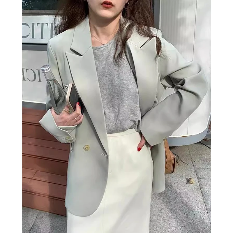 

Chic Spring Casual Loose Long Sve Suit Jaet Women's ort Outerwear Notched Lapel Double-Button Sle Versatile Comfortable