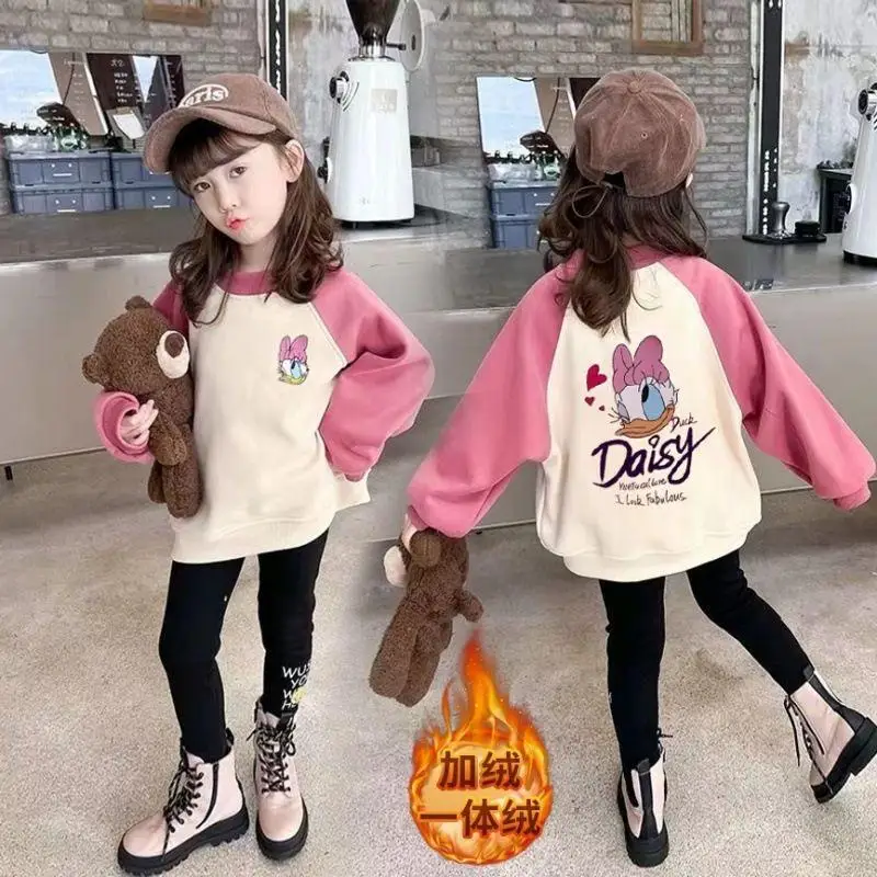 

Winter New Item Color Blocked Round Neck Korean Version T-Shirt Girls Keep Warm Long Sleeved Kawaii Cartoon Anime Girls' Hoodie