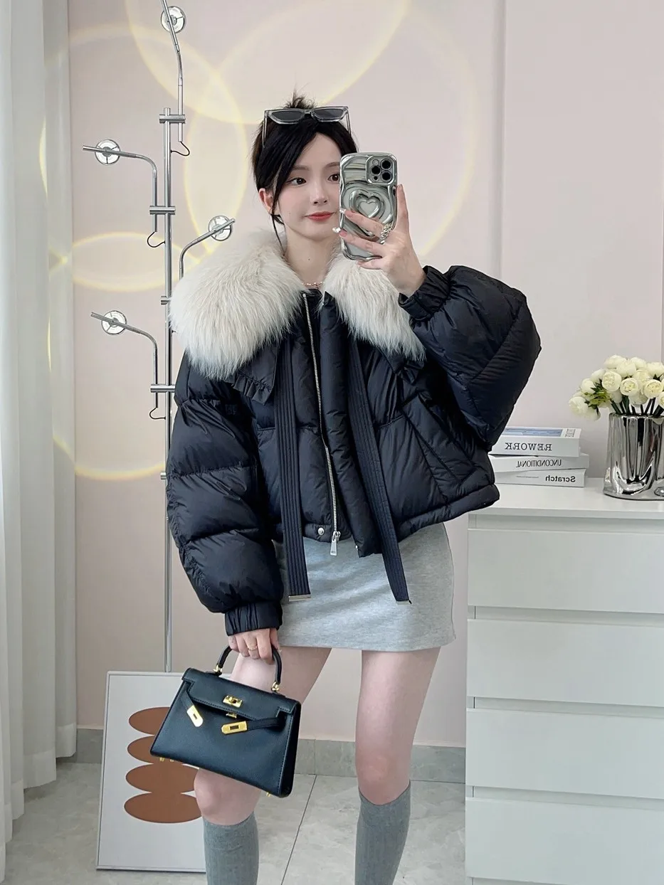 2025 Winter new style large fur collar fox fur short thickened white goose down jacket for short women