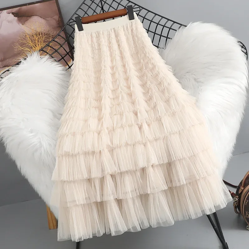 New 2024 Women's Autumn/Winter High-Waisted Layered Cake Skirt Medium-Length Fairylike Gossamer Tulle Skirt For Women