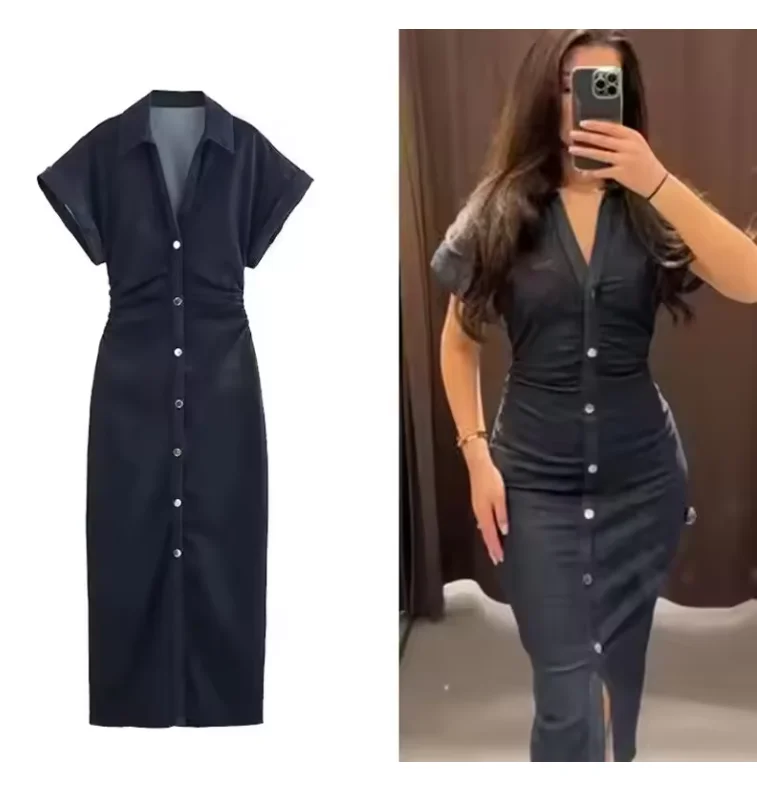 

Denim Dress Women's Spring Summer Casual Long Dresses For Women 2026 Fashion Ruched Short Sleeve Streetwear Midi Dress w40