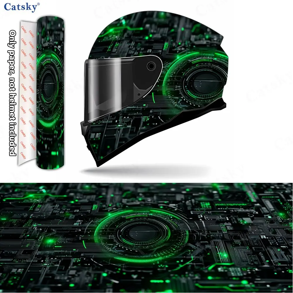 Green Cyber Circuit Helmet Vinyl Wraps, Waterproof Scratch-Resistant Full Face Helmet Decals, Durable PVC Decoration Protection