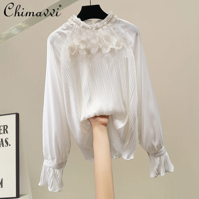 

Spring and Autumn New Korean Fashion Heavy 3D Flower Lace Patchwork Shirt Fairy Long Sleeve Loose Elegant Top Women's Blouse