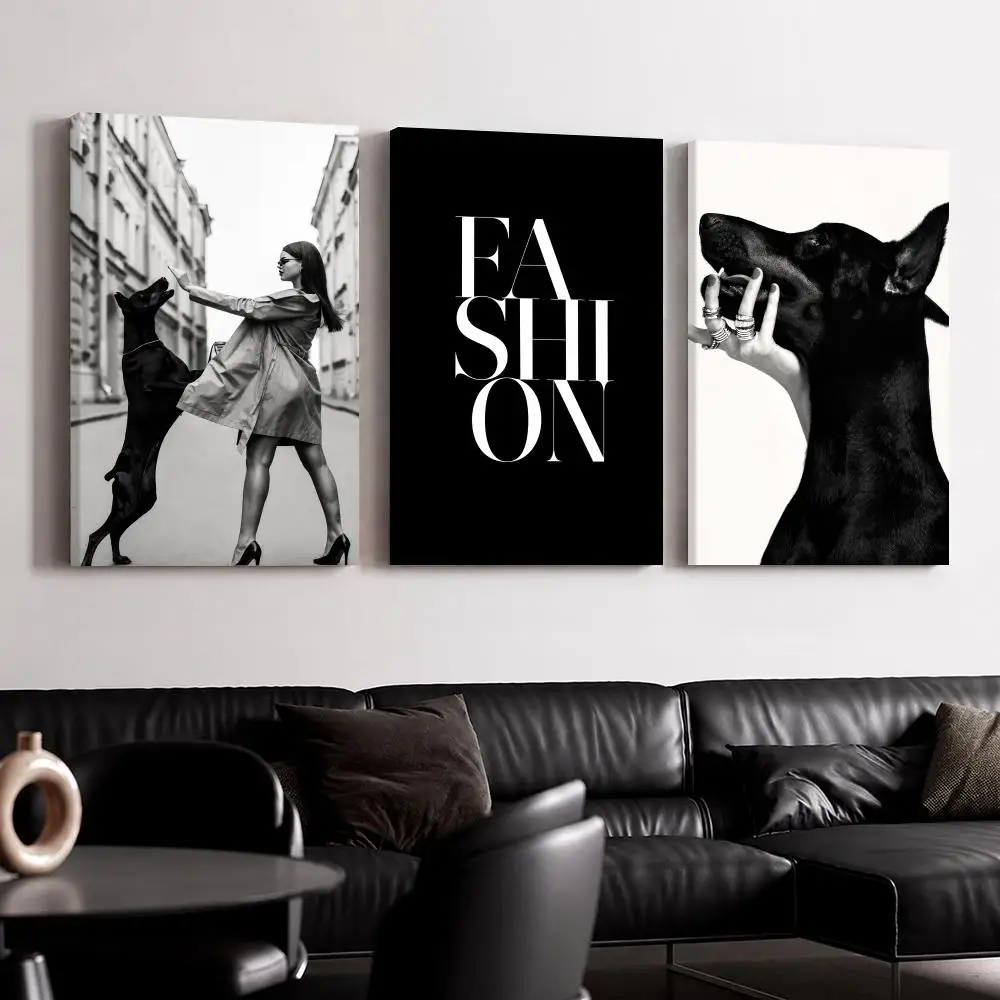 Fashion Doberman Design Framed Wall Painting Ready to Hang Canvas Wall Art Poster for Bedroom Living Room Home Decor Gift
