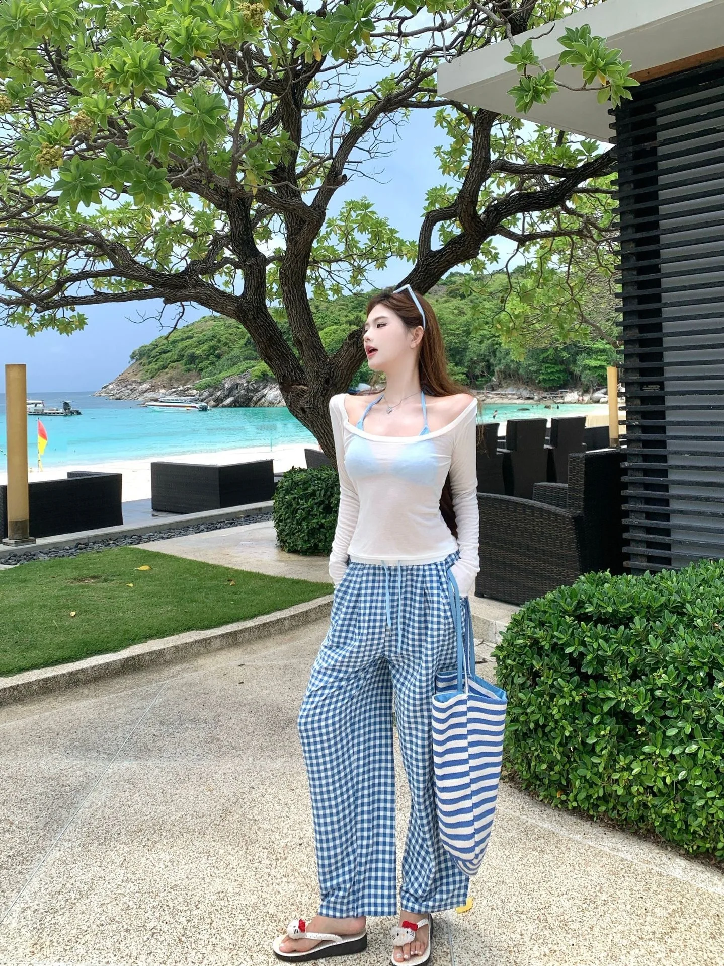 

Синий клетчатый комплект бикини из четырех предметов: купальник с длинными рукавами, свободного кроя, прозрачный, для отдыха на острове, для девочек-подростков