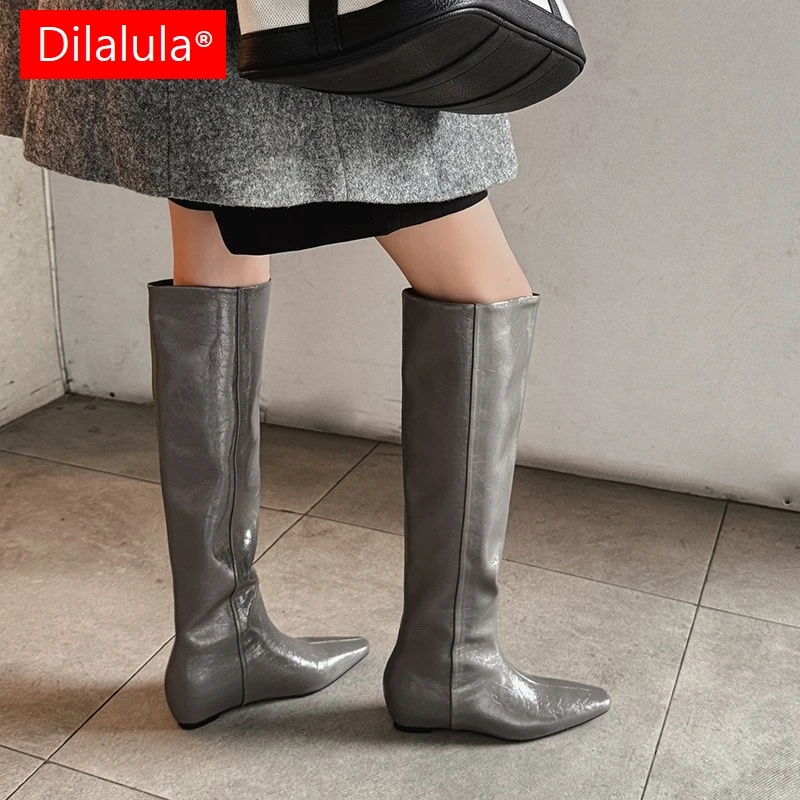 

Dilalula 2025 Split Leather Knee High Boots Women Square Toe Med Increased Heels Slip On Ladies Long Boots Female Riding Boots