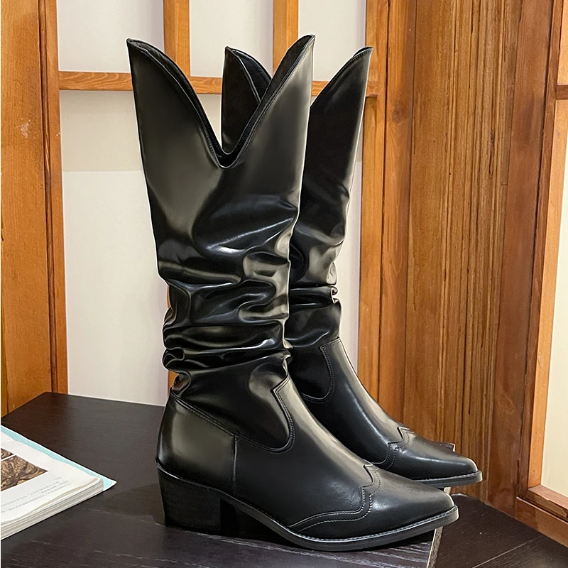 Women's Single Boots Spring and Autumn New Pointy Pleated V-mouth Leather Boots Fashion Temperament Show Chelsea Shoes