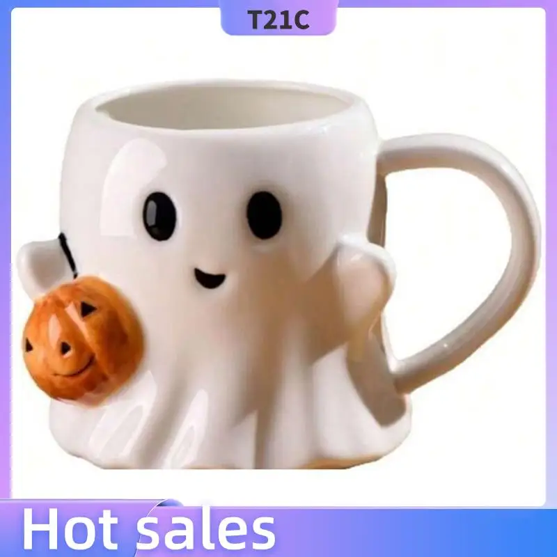 

T21C White Pumpkin Ghost Mugs, Cute Handmade Halloween Gifts- Halloween Coffee Mug Ghost Pattern