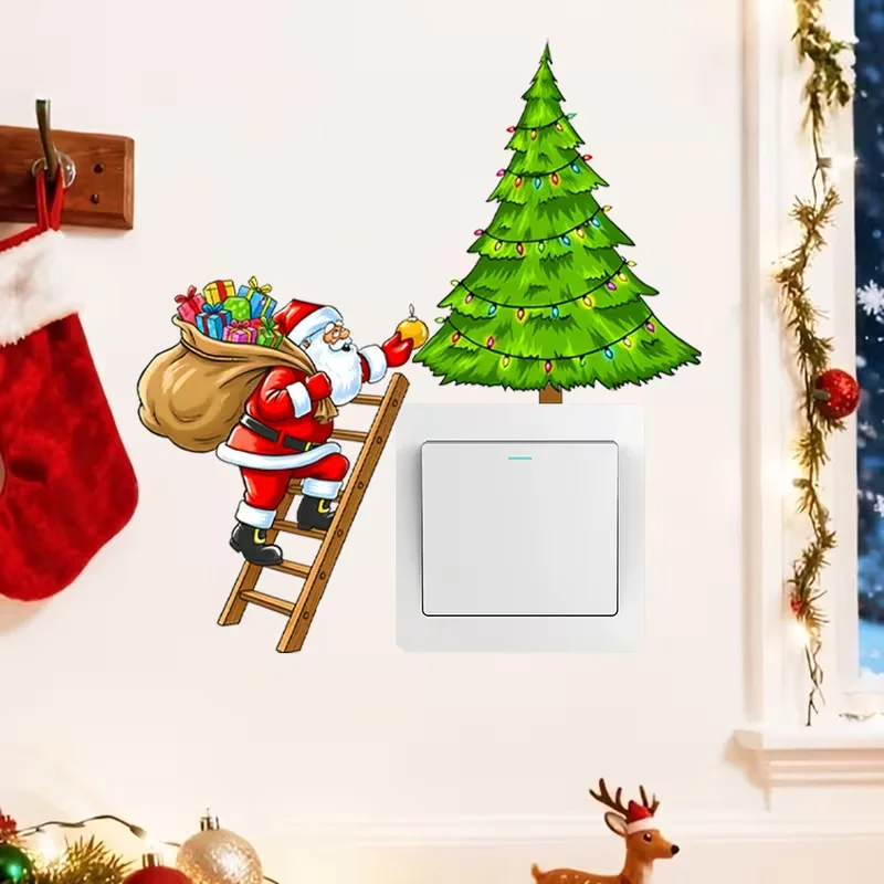 1 Santa Claus Wall Decal – Self-Adhesive Santa Climbing a Ladder with Christmas Tree & Lights (Light Switch Decal), Removable Vi