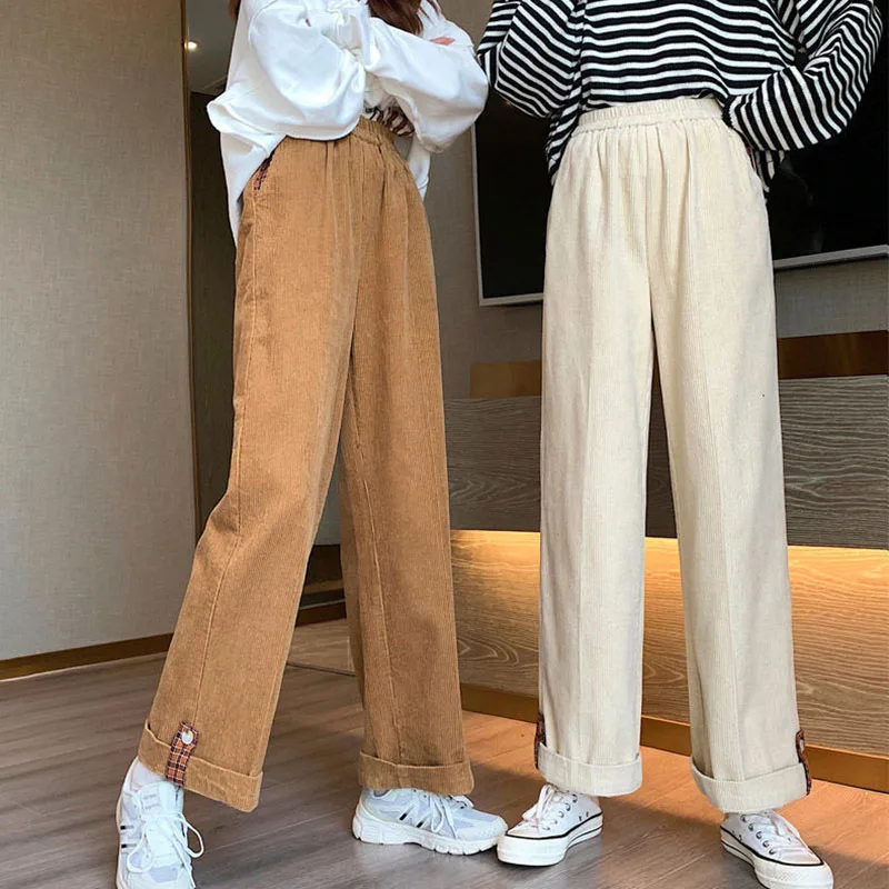 GIDYQ Corduroy Straight Trousers Women Streetwear High Waist Fleece Thicken Pants Rolled Hem Casual Preppy Style Wide Leg Pants