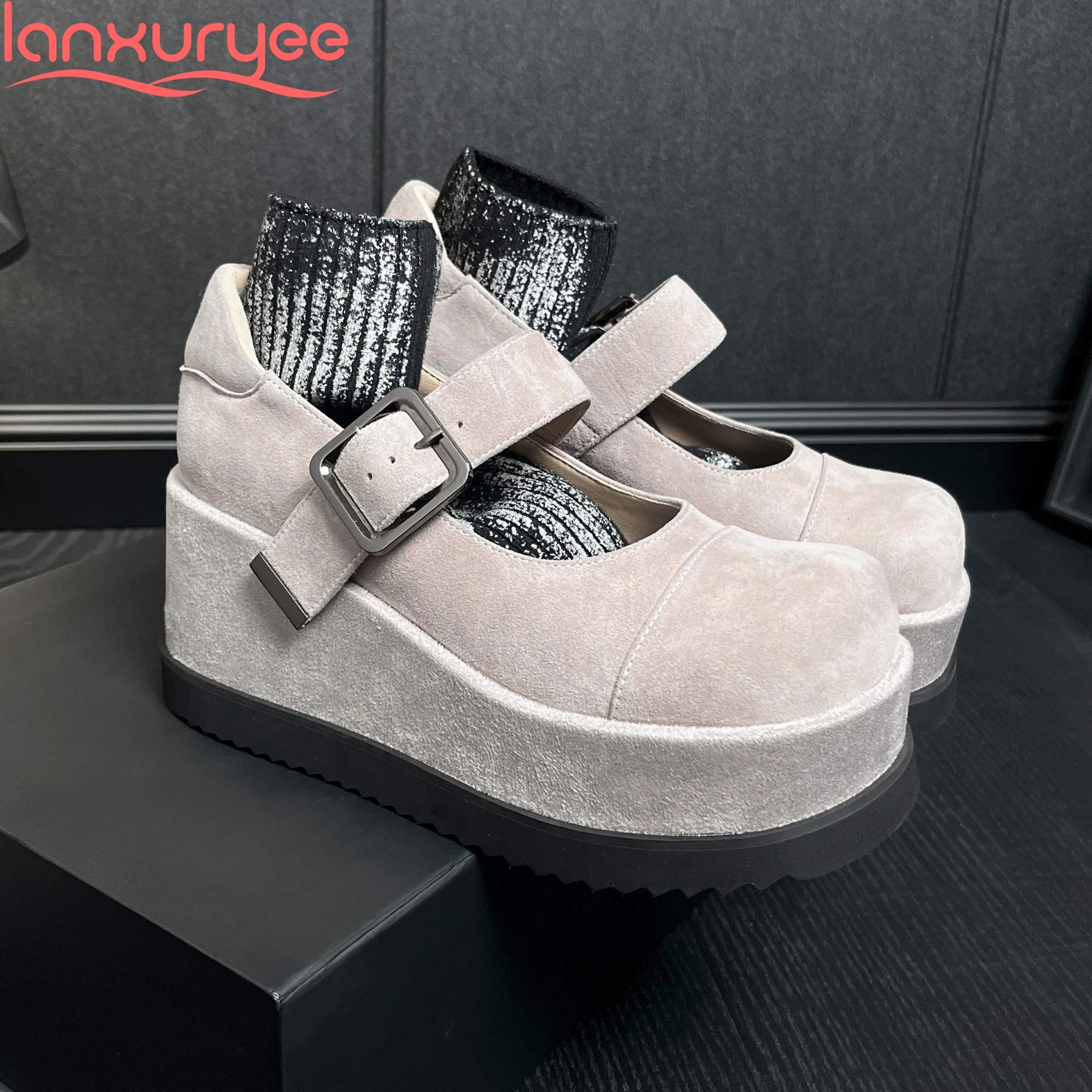 

Lanxuryee Kid Suede Round Toe Thick Bottom Wedges Platform Mary Janes Luxury Casual Dating Shallow Elegant Comfort Women Pumps