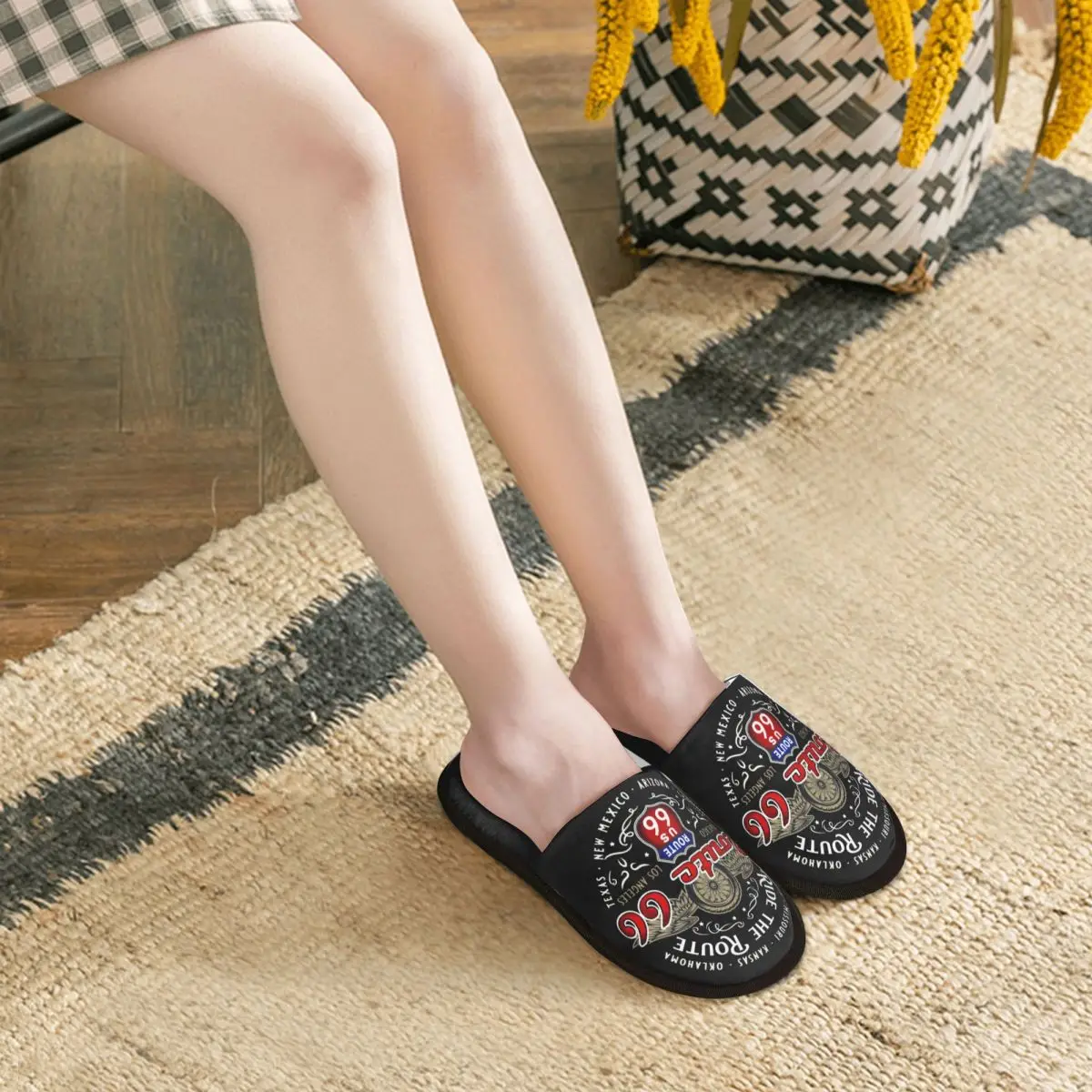 Custom Ride The Route 66 House Slippers Soft Memory Foam Biker Motorcycle Cruise America\'s Highway Slip On Bedroom Slipper Shoes