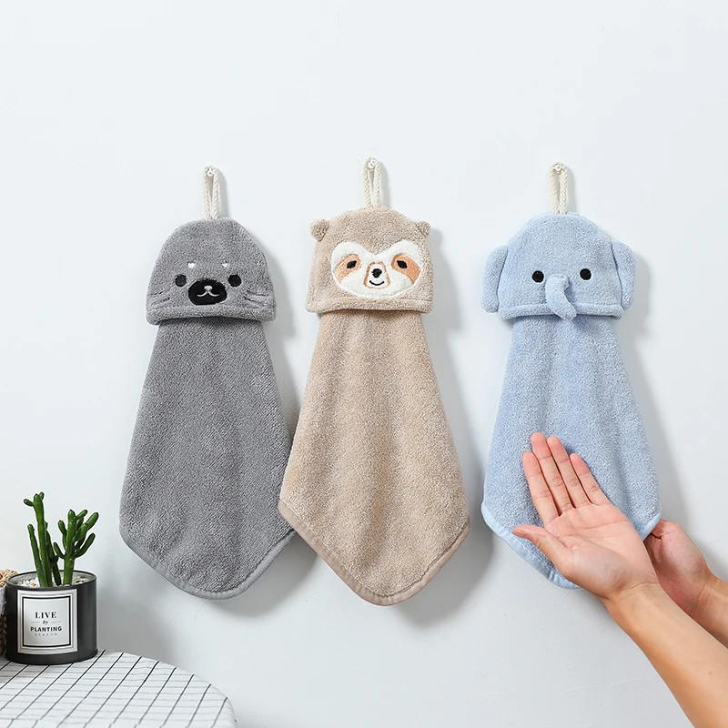 Hand Towel for Kids Absorbent Hanging TypeAnimal Embroidered Towelette Home Decora Coral Fleece Hand Towel Bathroom Supplies