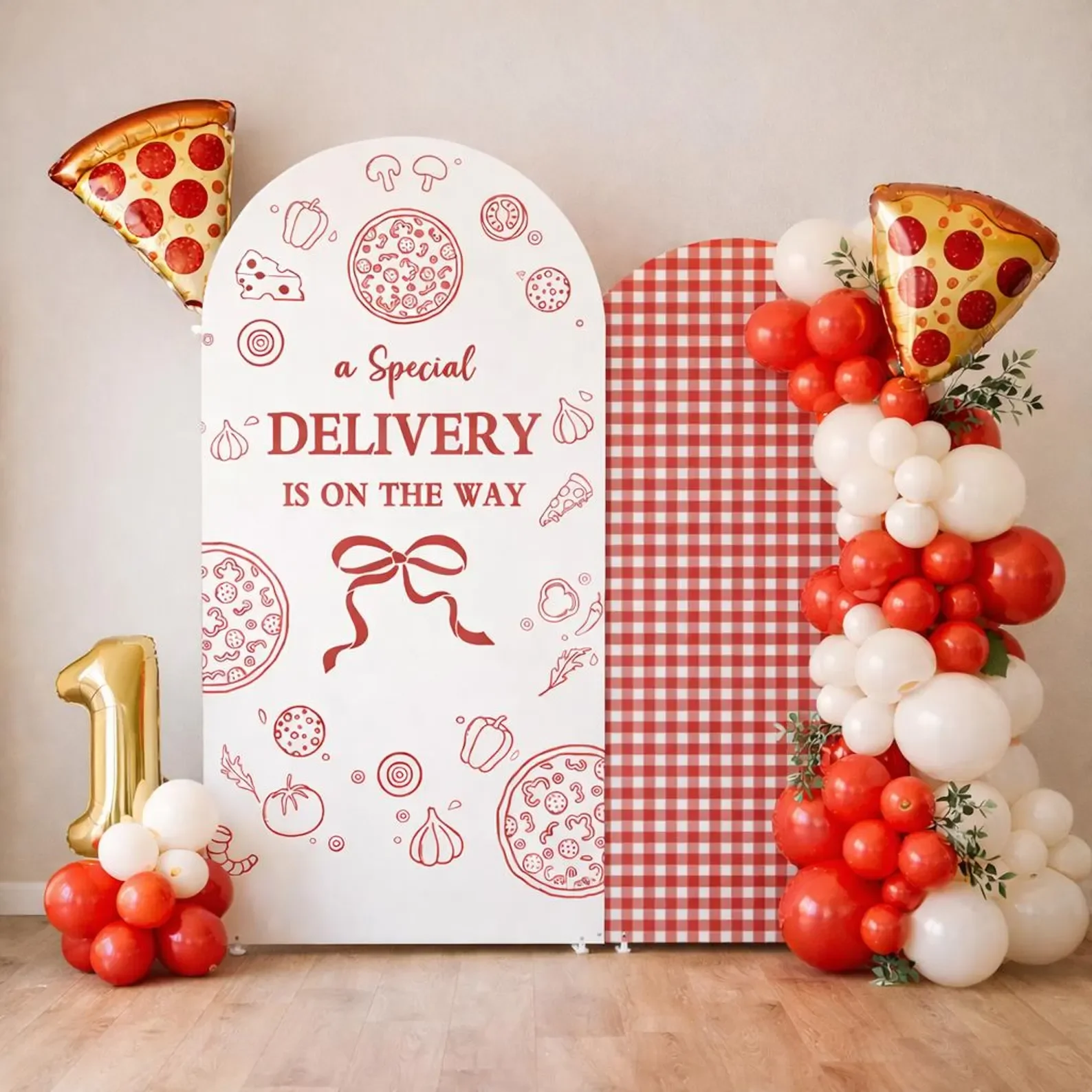 Pizza Special Delivery Red Gingham Spandex Arch Backdrop Cover Baby Shower Birthday Photo Booth Party Decor