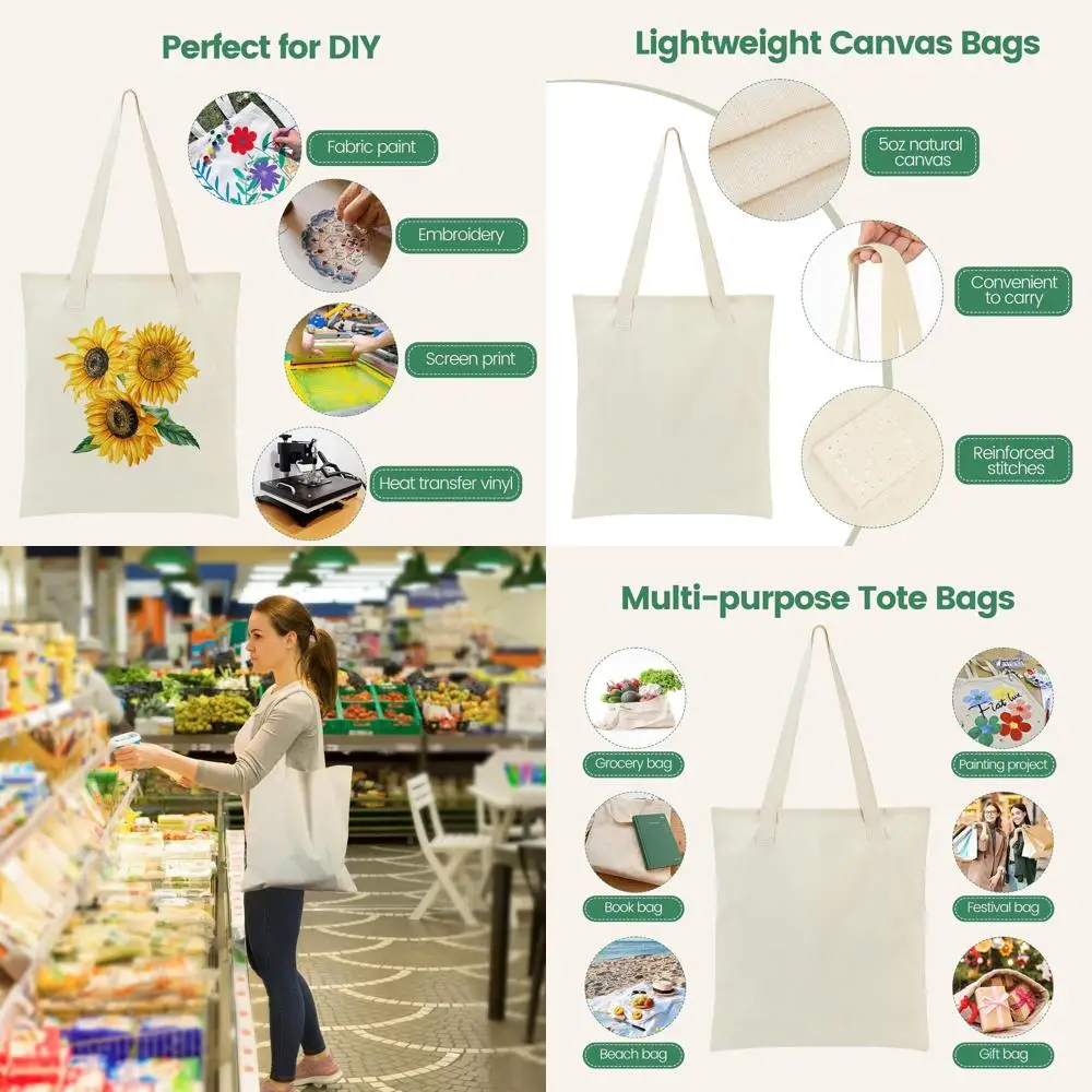 

48-Piece Canvas Tote Bags - Lightweight Thin Reusable Grocery Bags for DIY Sublimation and Activities - Beige