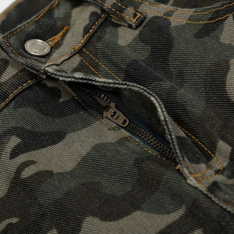 【Mirrordust】Camuflagem cimitarra exército verde calças dos homens emendados retro high street solto perna larga denim calças ao ar livre homem