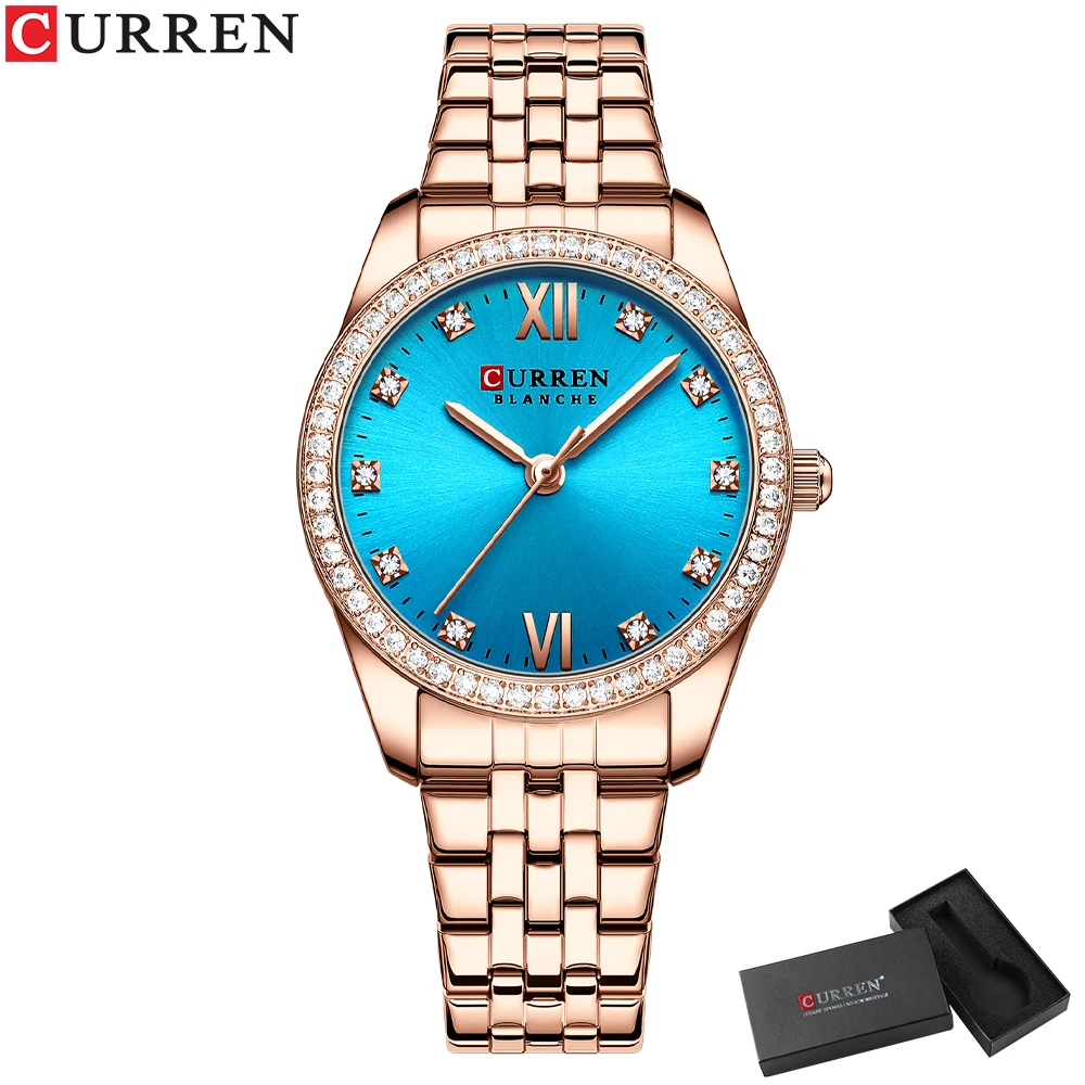 Curren klassische einfache Edelstahl Quarzuhren für Frauen Rose Zifferblatt mit Strass charmante Armbanduhren 8