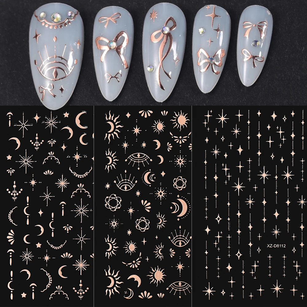 12 個 3D ローズゴールドスタームーンちょう結びネイルアートステッカーボヘミア太陽の葉自己粘着ネイルスライダー豪華なマニキュアデカール